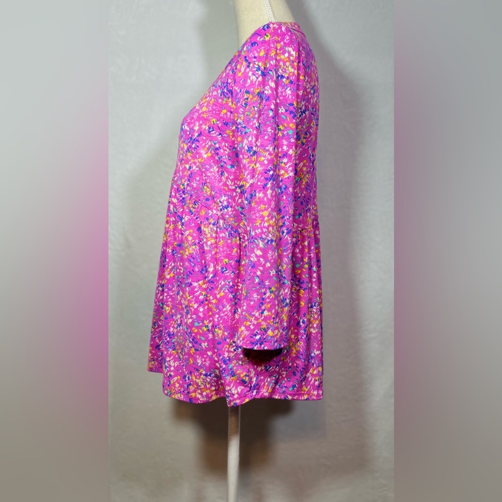 Dear Scarlett Pink Floral Tunic Blouse M Split Neck Babydoll Boho Top - Picture 3 of 8